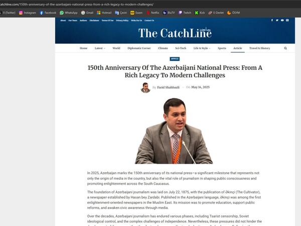 Fərid Şahbazlının milli mətbuatın 150 illik yubileyi ilə bağlı məqaləsi xarici KİV-lərdə dərc edilib-FOTO