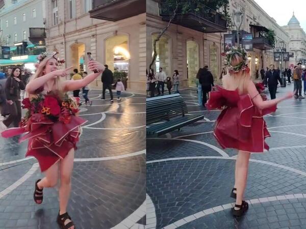 Bakının mərkəzində qəribə geyimdə gəzən qız kimdir? - VİDEO