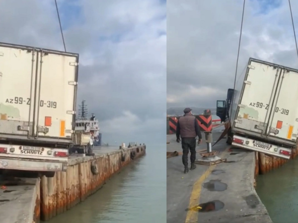 Bakıda TIR dənizə düşmək təhlükəsi ilə üzləşdi - VİDEO