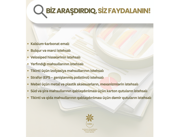 Sahibkarlar üçün daha 9 istiqamət üzrə daxili bazar araşdırması aparılıb