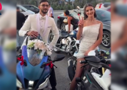 Bakıda gəlinlə bəy toylarına motosikletlə gəldi - <span class="color_red">(Video)</span>
