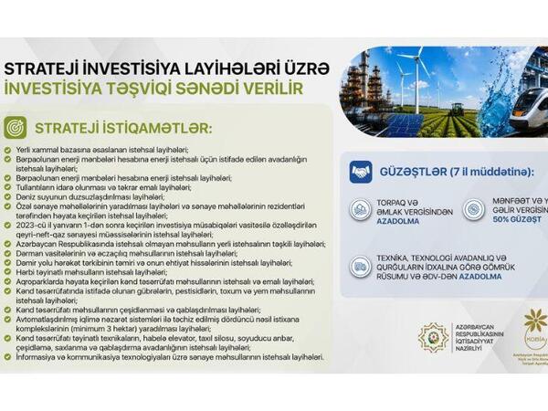 Strateji investisiya layihələri üzrə investisiya təşviqi sənədinin verilməsi davam edir
