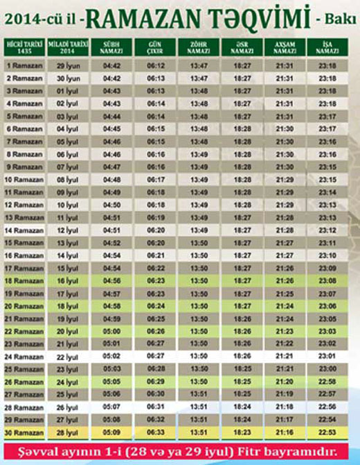 Azərbaycan üçün Ramazan təqvimi - FOTO