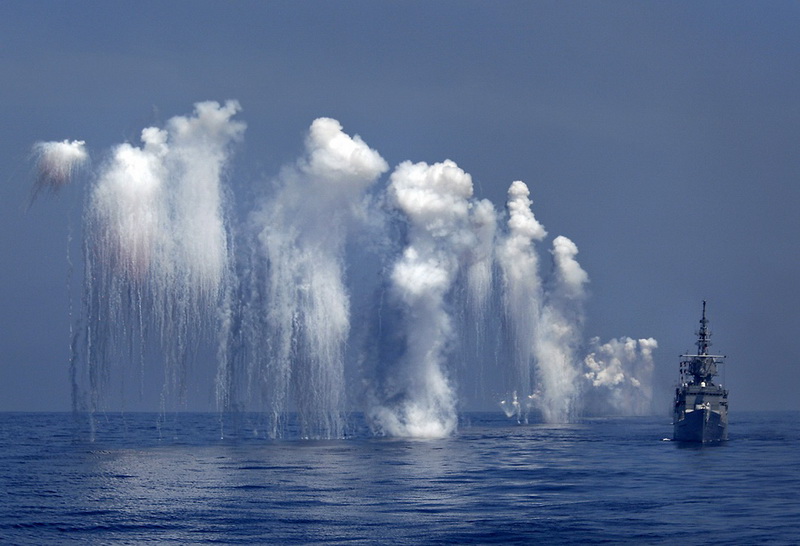 Chaff is set off from a Knox-class frigate during the Han Kuang military exercise held about 10 nautical miles eastern of the po