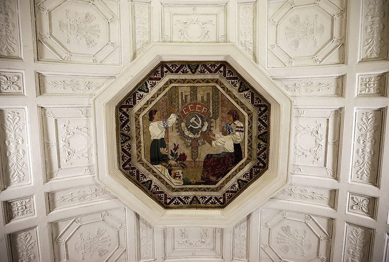 Ceiling panel is seen in Novoslobodskaya metro station in Moscow