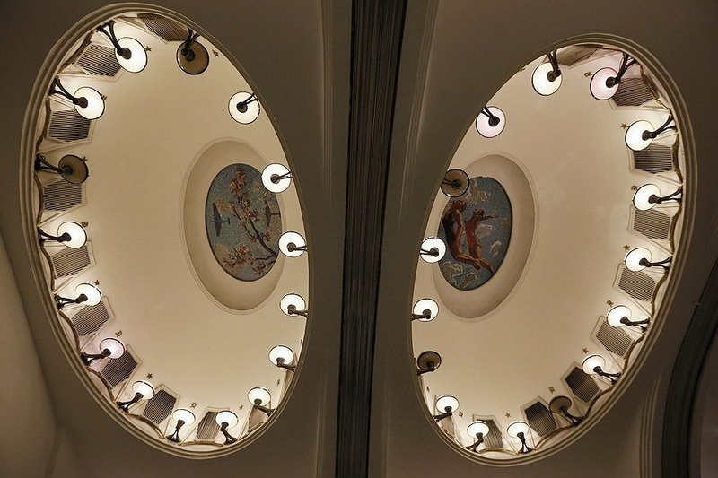 Ceiling panels are seen in Mayakovskaya metro station in Moscow